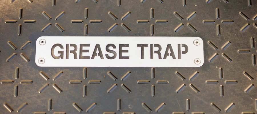 This is a close-up image of a metal plate with the words "GREASE TRAP" engraved or printed on it. The plate is affixed to a textured surface with a diamond pattern that suggests it may be the top of an actual grease trap cover, typically found in commercial kitchens to intercept greases and solids before they enter wastewater disposal systems. The focus is on the sign, with the background being the textured surface it is attached to.