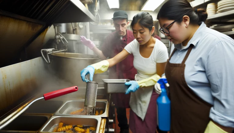 restaurant workers removing oil from fryer