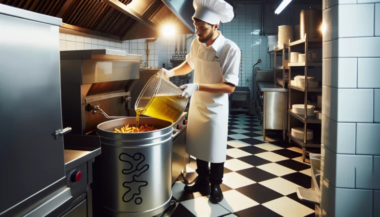 chef dumping oil into grease container for recycling purposes.