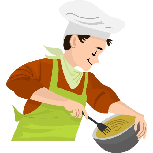 The image depicts a cartoon chef wearing a chef's hat and apron, smiling while stirring a bowl with a spoon. The image conveys a sense of cooking or baking in a cheerful manner.