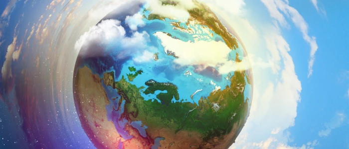 The image depicts a vibrant, artistic representation of Earth from space, with a focus on the northern hemisphere, wrapped in swirls of clouds against a backdrop of stars.