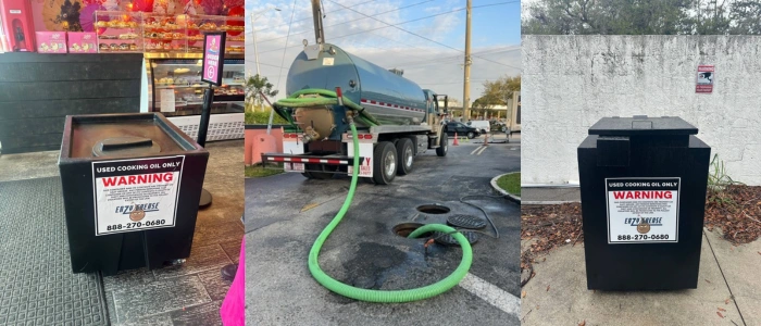 The image depicts a used cooking oil collection service. On the left, there is a black collection bin labeled "USED COOKING OIL ONLY" with a warning sign and contact information. The center image shows a tanker truck connected to a large underground container via a green hose, likely pumping used oil for recycling. The right image features a similar collection bin situated against a wall. This service is essential for restaurants and food service providers to dispose of cooking oil safely and responsibly. The collection bins are designed to prevent spills and unauthorized access, and the service likely includes recycling the oil into biofuels or other products.