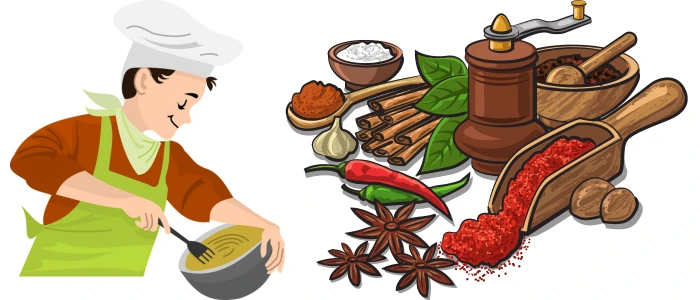 This image shows a cartoon chef mixing ingredients in a bowl, with an array of spices and herbs such as cinnamon sticks, star anise, and chili peppers displayed beside a mortar and pestle. The scene suggests the preparation of a meal involving rich flavors and spices.
