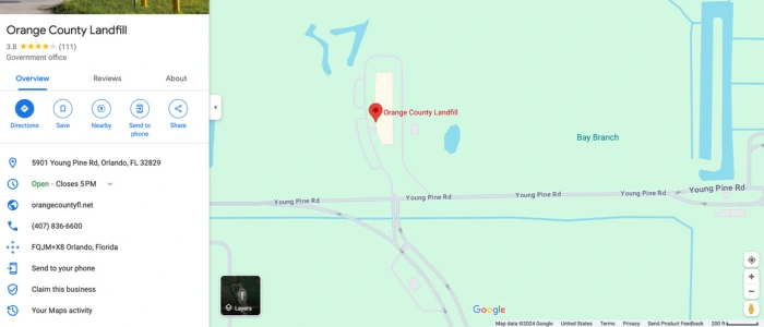 A screenshot showing a partial Google Maps view of Orange County Landfill with its location pin and address, accompanied by the Orange County Government Florida logo with an orange fruit graphic. The image captures a segment of a digital map interface and a local government emblem.
