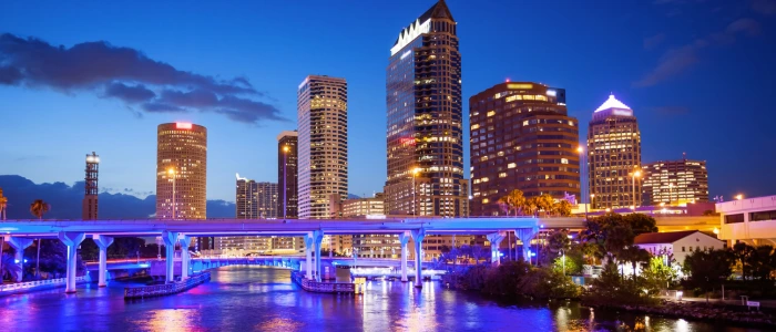 The image shows a cityscape during the early evening with buildings lit up against the twilight sky, and a prominent bridge illuminated with blue lights spanning over a river.