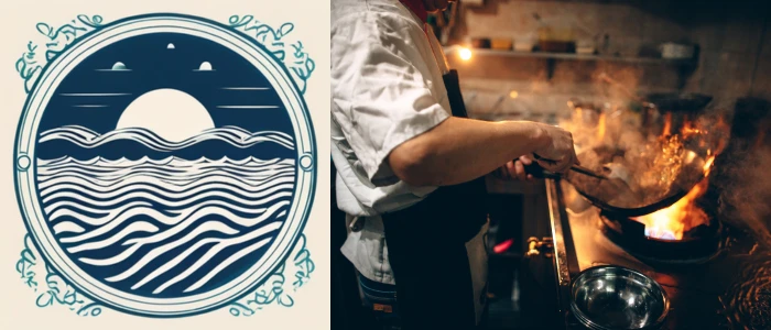On the left, an artistic logo featuring stylized waves and a setting sun within a circular emblem, framed by decorative foliage. On the right, a chef in a professional kitchen actively cooking over an open flame, exemplifying culinary expertise and the bustling atmosphere of a high-end restaurant.