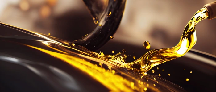 The image captures a close-up of cooking oil being poured, with dynamic splashes highlighting its viscosity and golden color.