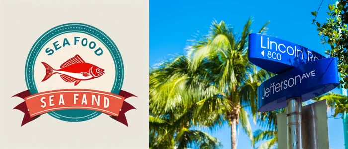On the left, a vibrant logo for a seafood restaurant named "Sea Fand" featuring a stylized fish within a circular badge, accented by a red banner. On the right, street signs at the intersection of Lincoln Road and Jefferson Avenue against a backdrop of lush palm trees and clear blue skies, suggesting a tropical, urban location.