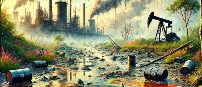 An industrial landscape with oil barrels and machinery polluting a river, surrounded by decaying vegetation and smokestacks emitting dark smoke.