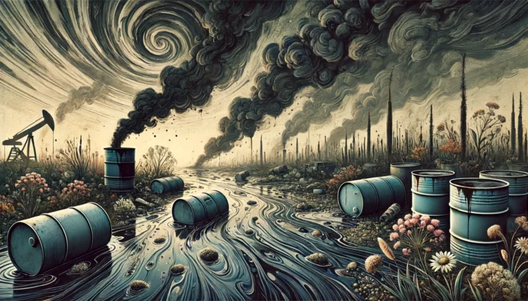 A wide, horizontal artistic illustration depicting the environmental impact of waste oil pollution, featuring leaking barrels of oil, dark slick oil pools on the ground, wilting vegetation, hazy polluted air, and metaphorical imagery like swirling dark clouds and distressed animals, without any human elements.