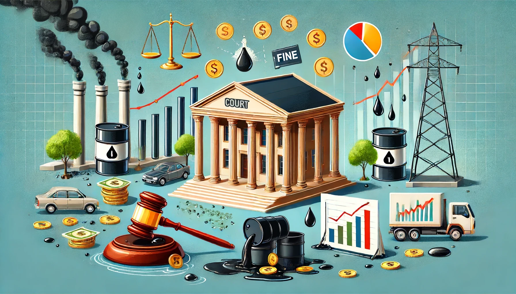 A detailed illustration of the legal and economic consequences of improper waste oil disposal, featuring a court building, judge's gavel, falling coins, declining graph, and a factory closure, with leaking barrels of waste oil in the background.