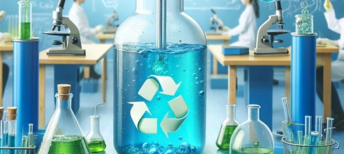 Science lab with students conducting experiments on recycling cooking oil, featuring a mix of blue and green colors and recycling symbols.