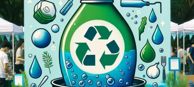 Outdoor event promoting cooking oil recycling with vibrant blue and green decorations, informational booths, and recycling symbols."