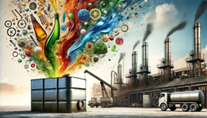A clean and streamlined industrial setting where colorful art emerges from an oil tank, symbolizing the creative transformation of reused cooking oil.