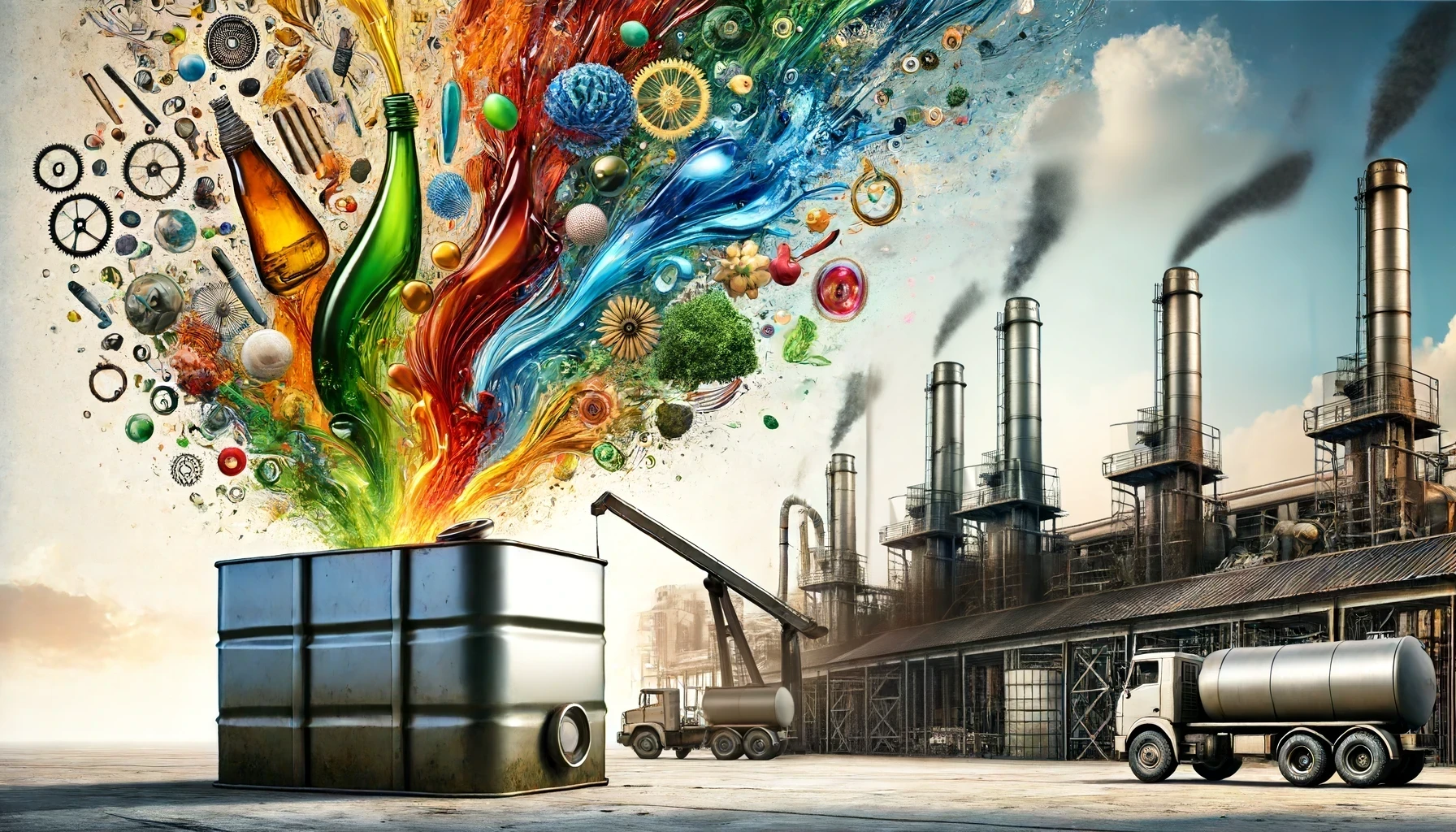 A clean and streamlined industrial setting where colorful art emerges from an oil tank, symbolizing the creative transformation of reused cooking oil.